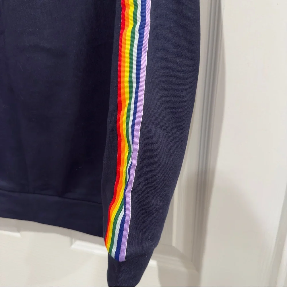 Navy Blue Pullover Sweatshirt with Rainbow Striped Ribbon Panels on the Arms NWT - Picture 10 of 14